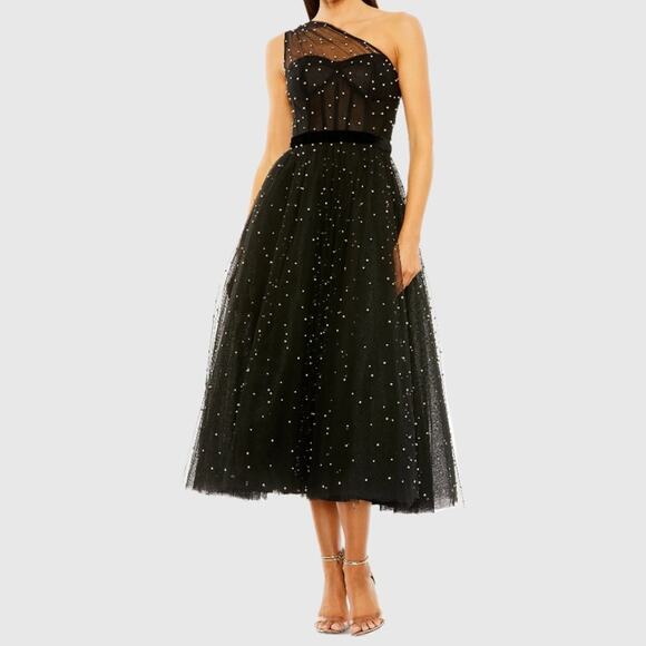 Mac Duggal Black One Shoulder Pearl Beaded Midi Ballgown 20745 Women’s NWT